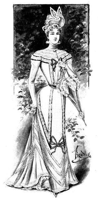Ladies' Page: dress of white lawn trimmed with black velvet, 1898. Creator: Picador.