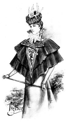 Ladies Pages: white cloth visite with black chiffon frills, 1898. Creator: Picador