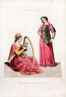 Ladies Playing on the Harp and Organ early 14th century, (1843).Artist: Henry Shaw