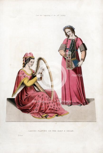 'Ladies Playing on the Harp and Organ', early 14th century, (1843).Artist: Henry Shaw