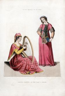 Ladies Playing on the Harp and Organ early 14th century, (1843).Artist: Henry Shaw