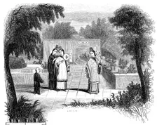 Ladies walking, garden scene of one of the wealthier classes 1847. Artist: Armstrong