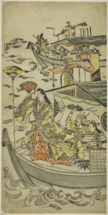 Lady Tamamushi raising a fan target, c. 1681/98. Creator: Sugimura Jihei
