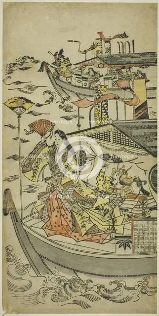 Lady Tamamushi raising a fan target, c. 1681/98. Creator: Sugimura Jihei.