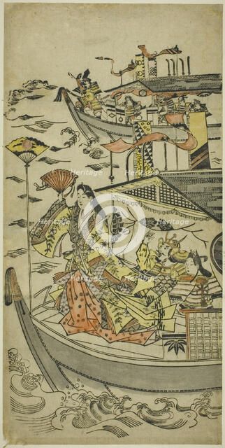 Lady Tamamushi raising a fan target, c. 1681/98. Creator: Sugimura Jihei.