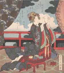 Lady Threading Needle on Verandah, 19th century. Creator: Gakutei