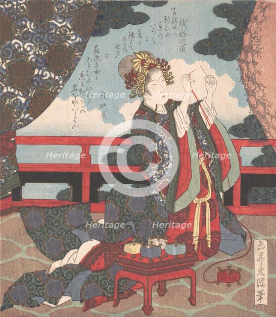 Lady Threading Needle on Verandah, 19th century. Creator: Gakutei.