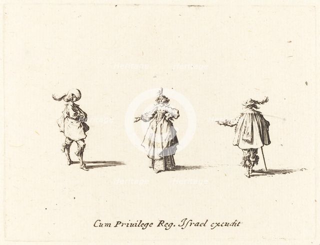 Lady with Outstretched Arm, and Two Gentlemen, probably 1634. Creator: Jacques Callot.
