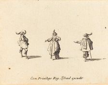 Lady with Outstretched Arm, and Two Gentlemen, probably 1634. Creator: Jacques Callot