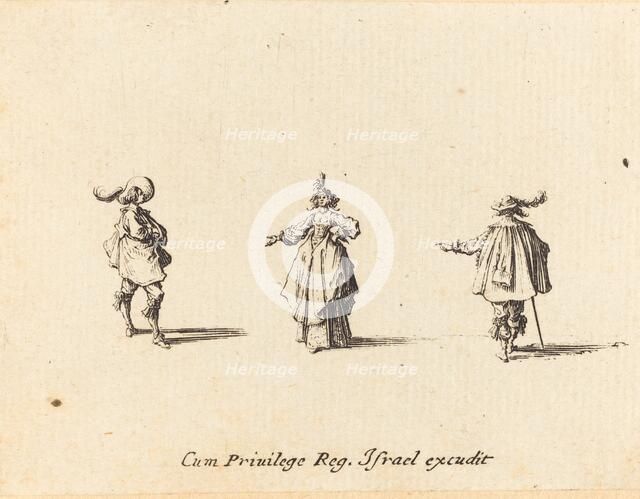 Lady with Outstretched Arm, and Two Gentlemen, probably 1634. Creator: Jacques Callot.