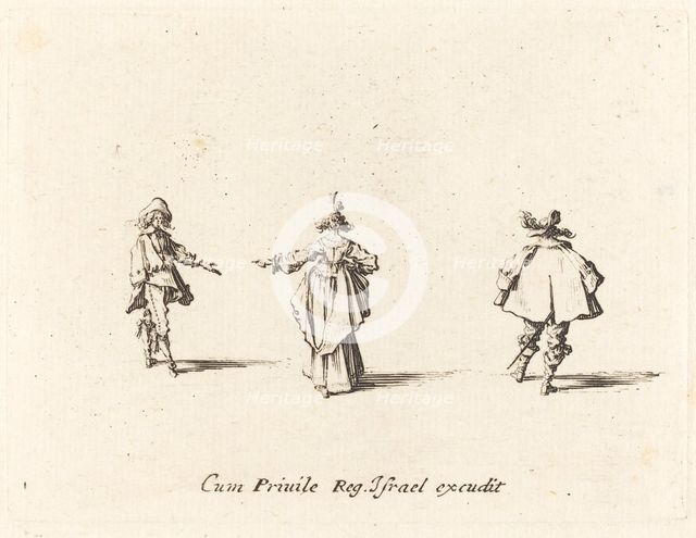 Lady with Outstretched Arm, Seen from Behind, and Two Gentlemen, probably 1634. Creator: Jacques Callot.