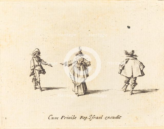 Lady with Outstretched Arm, Seen from Behind, and Two Gentlemen, probably 1634. Creator: Jacques Callot.