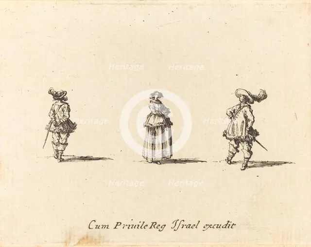 Lady with Arms Folded, and Two Gentlemen, probably 1634. Creator: Jacques Callot.
