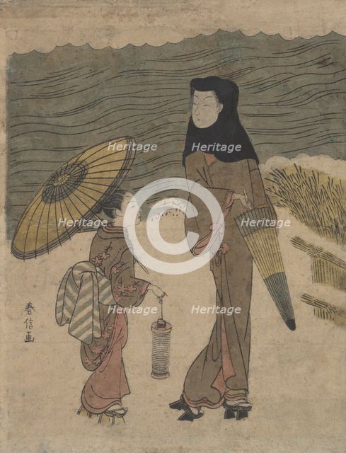 Lady with Black Hood and Umbrella Out Walking with Young Attendant. Creator: Suzuki Harunobu.