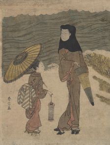 Lady with Black Hood and Umbrella Out Walking with Young Attendant. Creator: Suzuki Harunobu