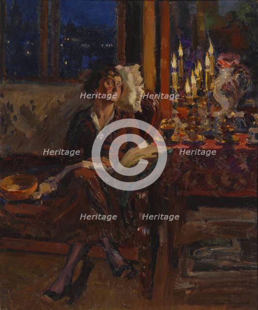Lady with Book in an Interior, 1917. Artist: Vinogradov, Sergei Arsenyevich (1869-1938)