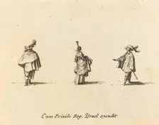 Lady with Dress Gathered Up, and Two Gentlemen, probably 1634. Creator: Jacques Callot