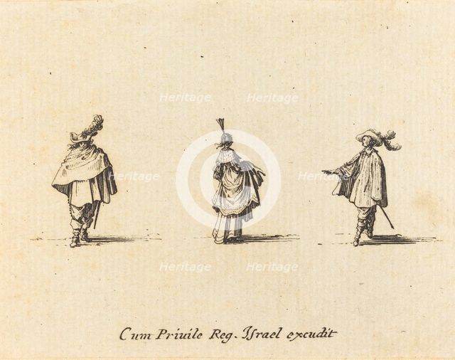 Lady with Dress Gathered Up, and Two Gentlemen, probably 1634. Creator: Jacques Callot.