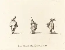 Lady with Dress Gathered Up, and Two Gentlemen, probably 1634. Creator: Jacques Callot