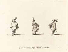 Lady with Dress Gathered Up, and Two Gentlemen, probably 1634. Creator: Jacques Callot