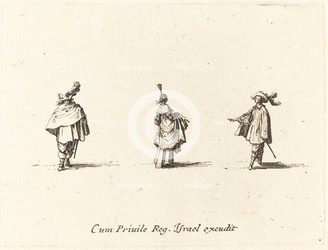 Lady with Dress Gathered Up, and Two Gentlemen, probably 1634. Creator: Jacques Callot.
