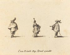 Lady with Dress Gathered Up, and Two Gentlemen, probably 1634. Creator: Jacques Callot