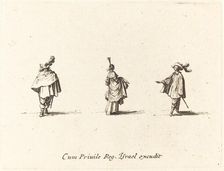 Lady with Dress Gathered Up, and Two Gentlemen, probably 1634. Creator: Jacques Callot