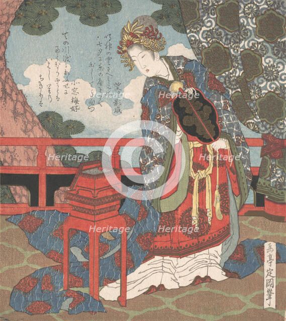 Lady with Fan Standing on Verandah, 19th century. Creator: Gakutei.