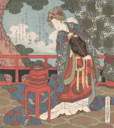 Lady with Fan Standing on Verandah, 19th century. Creator: Gakutei