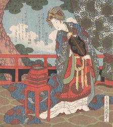 Lady with Fan Standing on Verandah, 19th century. Creator: Gakutei