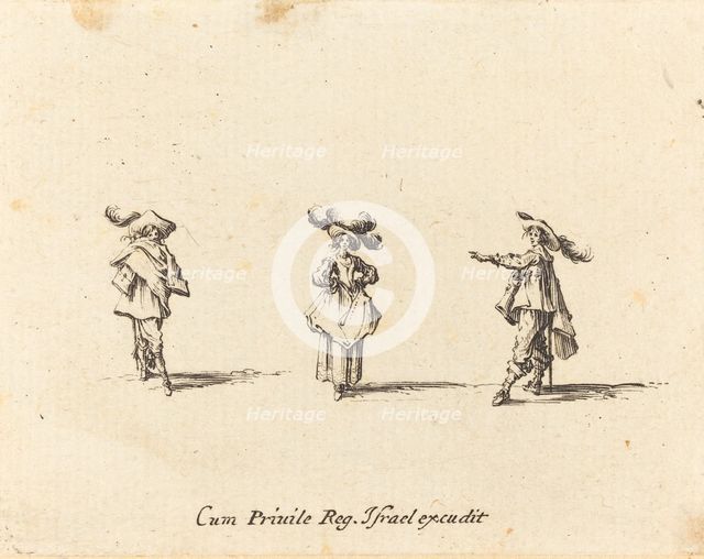 Lady with Large Plumes, and Two Gentlemen, probably 1634. Creator: Jacques Callot.