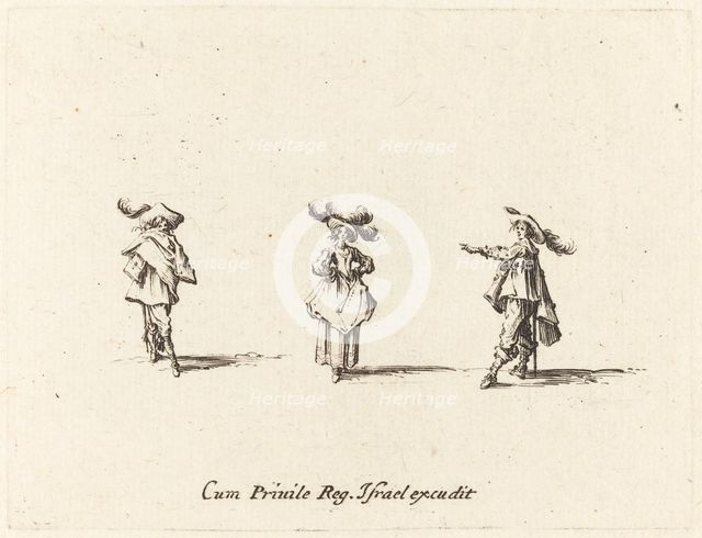 Lady with Large Plumes, and Two Gentlemen, probably 1634. Creator: Jacques Callot.