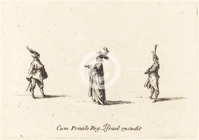Lady with Plumed Hat, and Two Gentlemen, probably 1634. Creator: Jacques Callot.