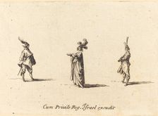 Lady with Plumed Hat, and Two Gentlemen, probably 1634. Creator: Jacques Callot