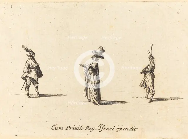 Lady with Plumed Hat, and Two Gentlemen, probably 1634. Creator: Jacques Callot.