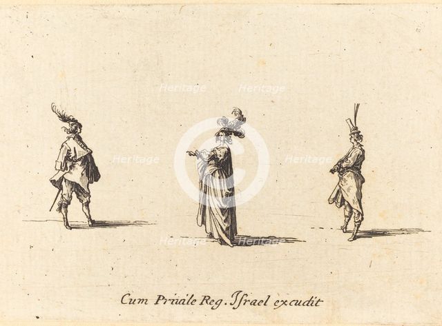 Lady with Plumed Hat, and Two Gentlemen, probably 1634. Creator: Jacques Callot.