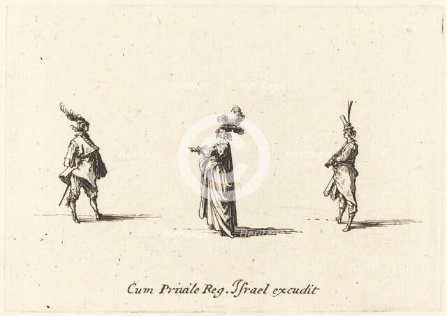 Lady with Plumed Hat, and Two Gentlemen, probably 1634. Creator: Jacques Callot.