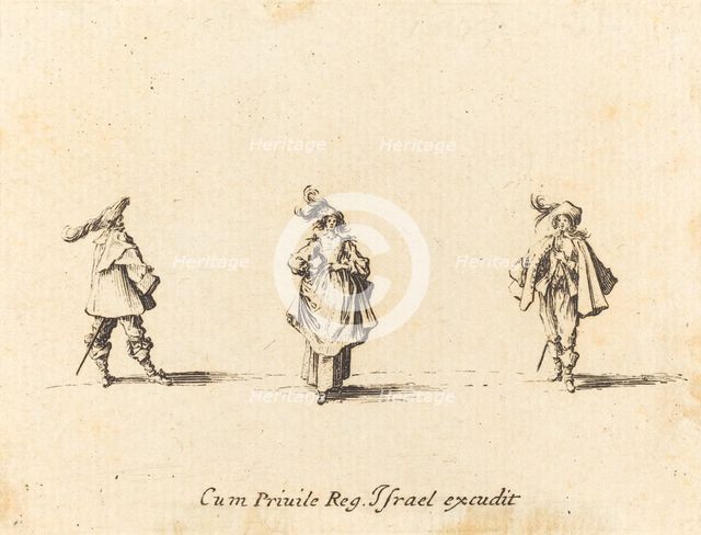 Lady with Plumes, and Two Gentlemen, probably 1634. Creator: Jacques Callot.