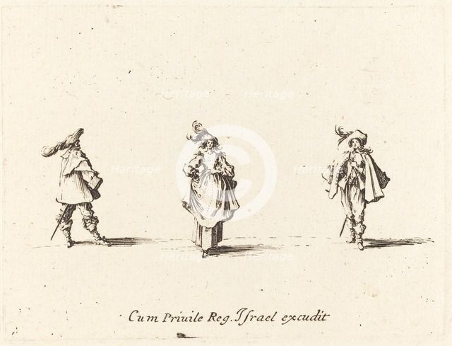 Lady with Plumes, and Two Gentlemen, probably 1634. Creator: Jacques Callot.
