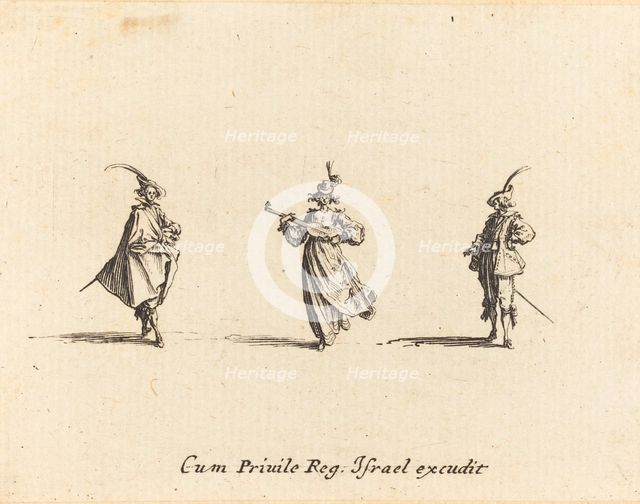 Lady with String Instrument, and Two Gentlemen, probably 1634. Creator: Jacques Callot.