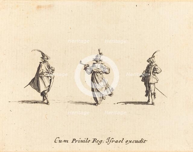 Lady with String Instrument, and Two Gentlemen, probably 1634. Creator: Jacques Callot.