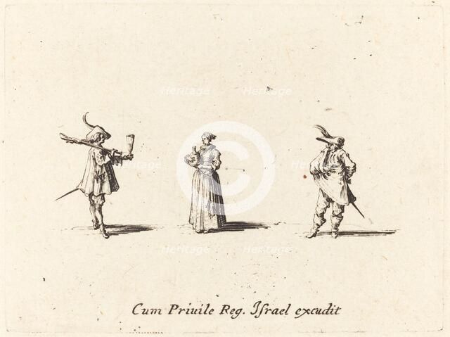 Lady with Wine Bottle, and Two Gentlemen, probably 1634. Creator: Jacques Callot.