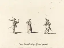 Lady with Wine Bottle, and Two Gentlemen, probably 1634. Creator: Jacques Callot