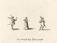 Lady with Wine Bottle, and Two Gentlemen, probably 1634. Creator: Jacques Callot