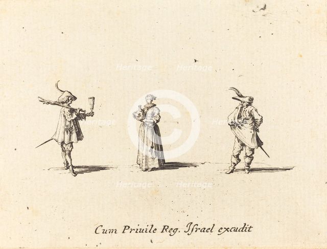 Lady with Wine Bottle, and Two Gentlemen, probably 1634. Creator: Jacques Callot.