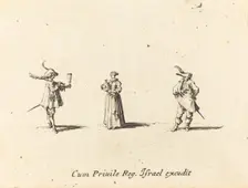 Lady with Wine Bottle, and Two Gentlemen, probably 1634. Creator: Jacques Callot