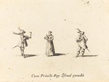 Lady with Wine Bottle, and Two Gentlemen, probably 1634. Creator: Jacques Callot