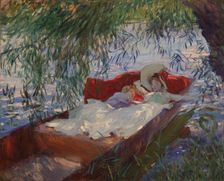 Lady and Child Asleep in a Punt under the Willows, 1887. Creator: Sargent, John Singer (1856-1925)