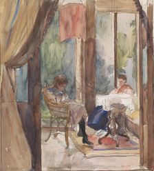 Lady and a young girl, both reading in the conservatory of the house at Riouwstraat 6..., 1872-1950. Creator: Barbara Elisabeth van Houten