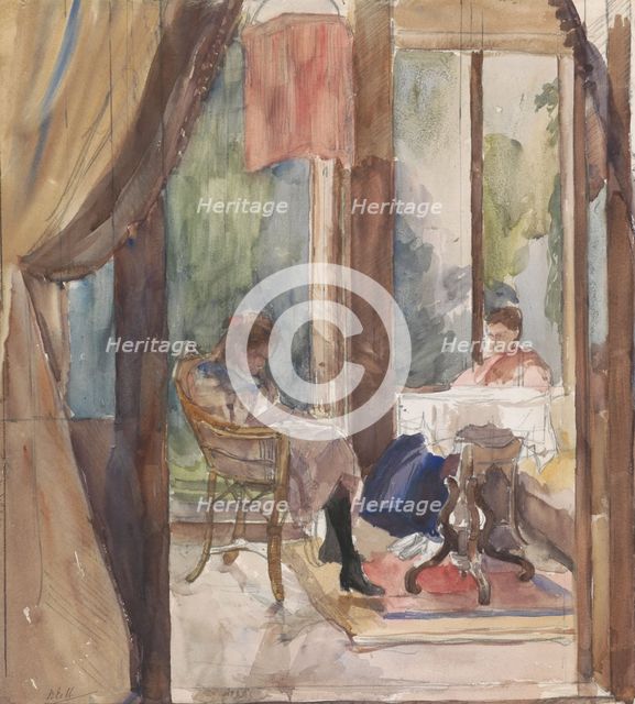 Lady and a young girl, both reading in the conservatory of the house at Riouwstraat 6..., 1872-1950. Creator: Barbara Elisabeth van Houten.